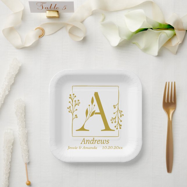 Assiettes En Carton Lettre botanique d'or moderne A personnalisée (Mariage)