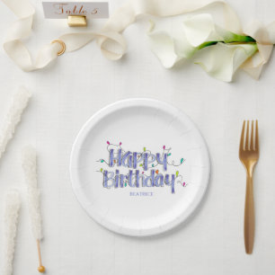 Assiettes En Carton Lettré main Dusty Bleu Joyeux anniversaire