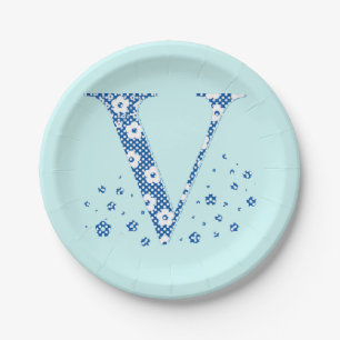 Assiettes En Carton LETTRE Motif Fleur V(bleu)
