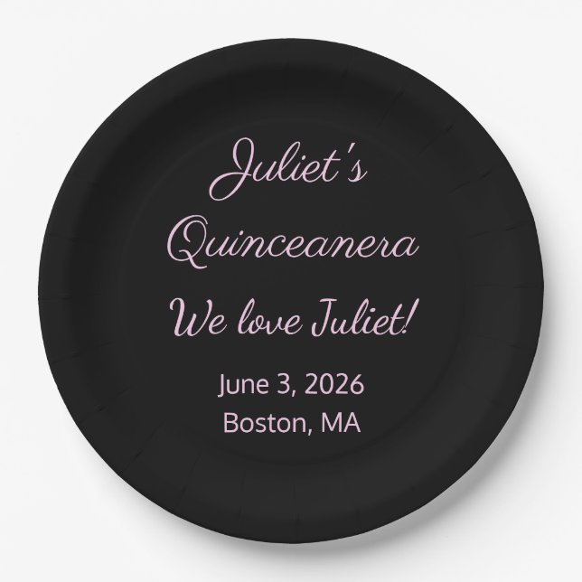 Assiettes En Carton Lettres d'amour : Quinceanera noire et rose (Devant)