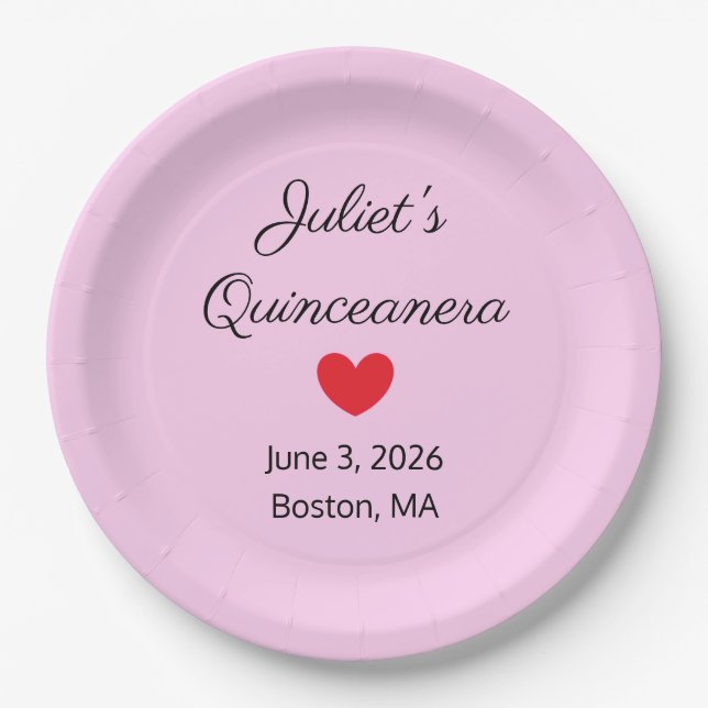 Assiettes En Carton Lettres douces : Noir sur Quinceanera Rose (Devant)