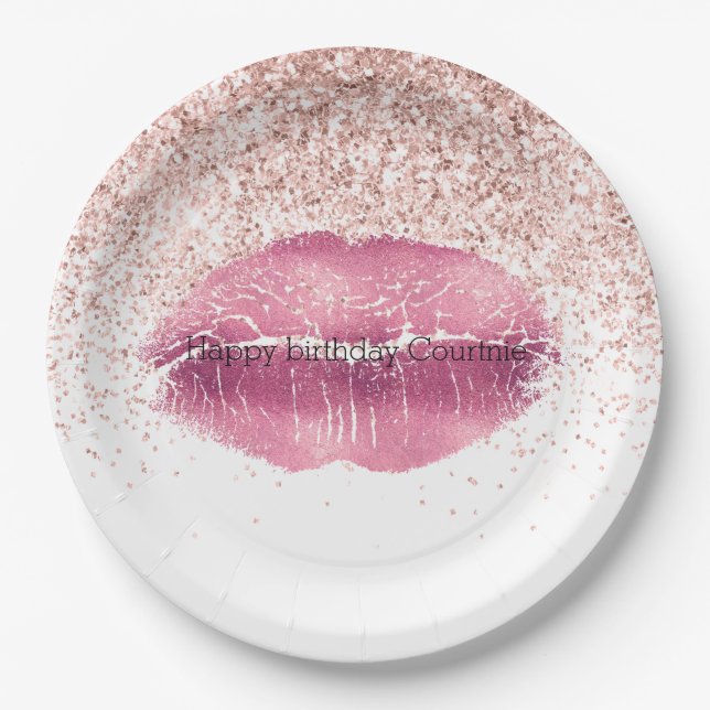Assiettes En Carton Lèvres de Parties scintillant Glam Glitz Rose (Devant)
