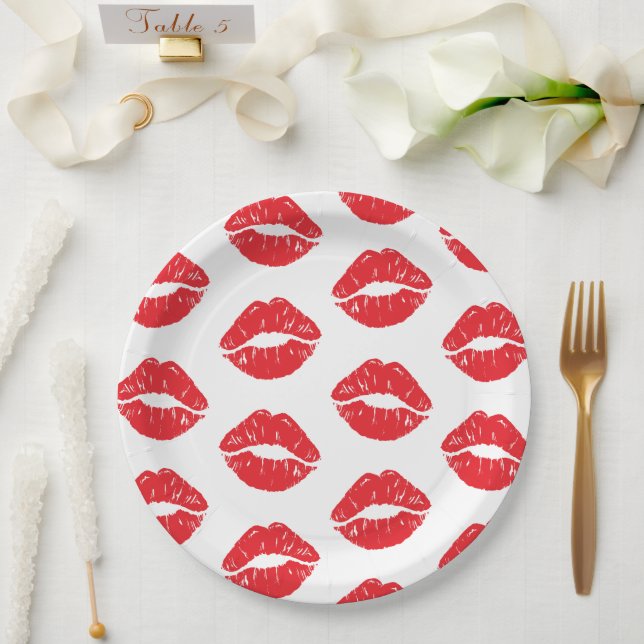 Assiettes En Carton Lèvres Rouges, Rouge À Lèvres, Baiser, Motif Des L (Mariage)