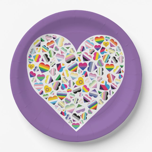 Assiettes En Carton LGBTQ+ Pride Coeurs de drapeau combiné (Devant)