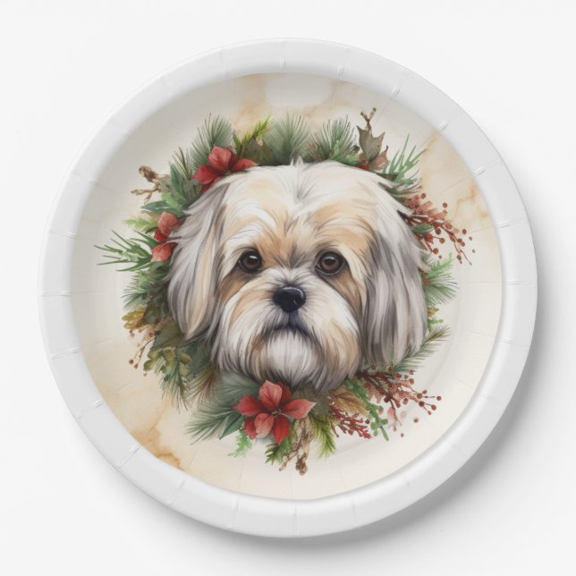 Assiettes En Carton Lhasa Apso Christmas Wreath Festive Pup (Devant)