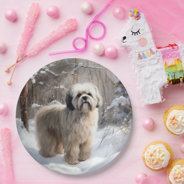 Assiettes En Carton Lhassa Apso Laisse Neige Noël (Fête)