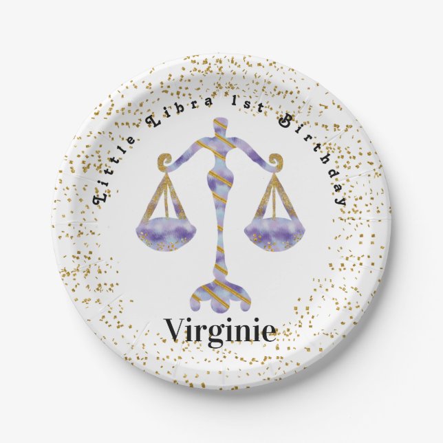 Assiettes En Carton Libra design 1er anniversaire & Gold Confetti (Devant)