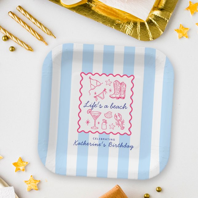 Assiettes En Carton Life's a Beach Summer Blue Stripes Birthday Party  (Créateur téléchargé)