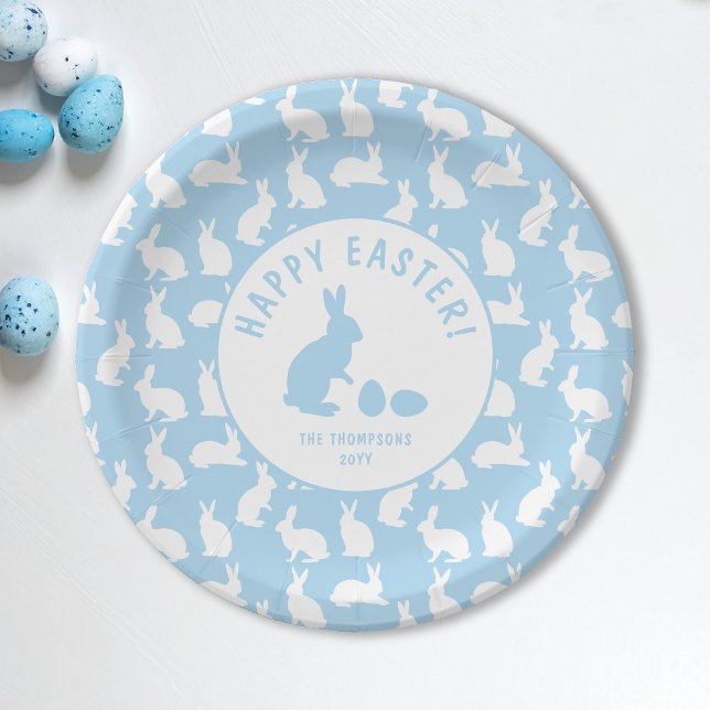 Assiettes En Carton Light Blue And White Bunny Pattern Happy Easter (Créateur téléchargé)
