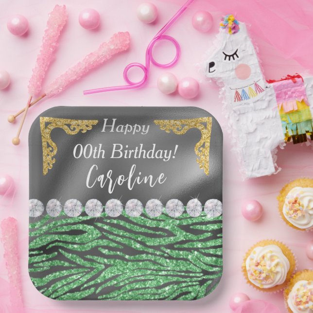 Assiettes En Carton Light Green Zebra Print & Gold Silver Anniversaire (Fête)