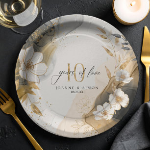 Assiettes En Carton Ligne dorée Floral 10e Anniversaire ID1169