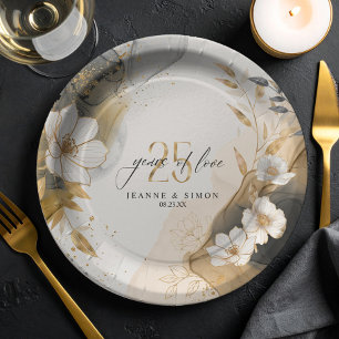 Assiettes En Carton Ligne dorée Floral 25e Anniversaire ID1169