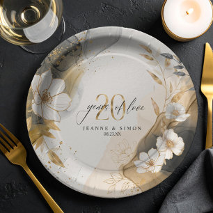 Assiettes En Carton Ligne dorée florale 20e anniversaire ID1169