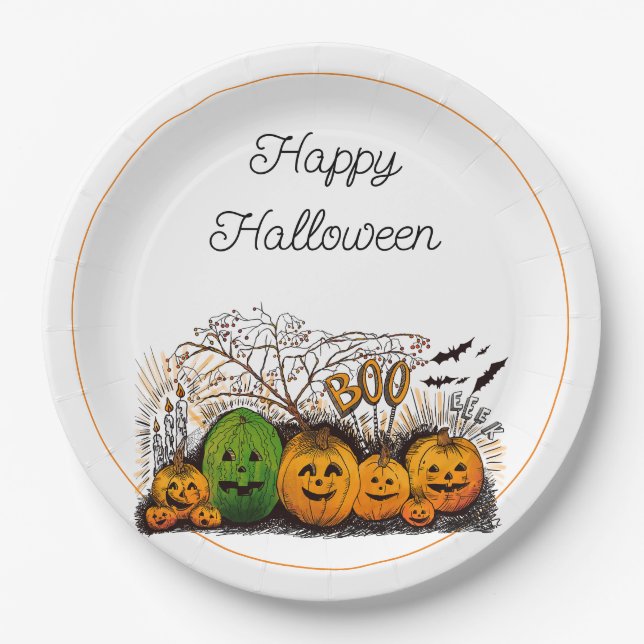 Assiettes En Carton Ligne Jack-O-Lantern vers le haut (Devant)