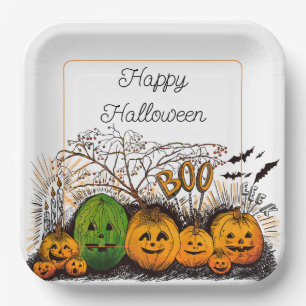 Assiettes En Carton Ligne Jack-O-Lantern vers le haut
