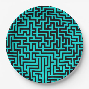 Assiettes En Carton Lignes de labyrinthe noir turquoise