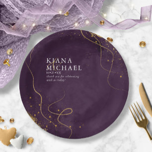 Assiettes En Carton Lignes fines Gold Abstrait Mariage V1 Plum ID867