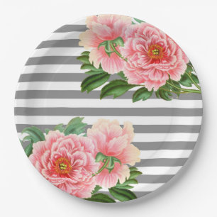 Assiettes En Carton Lignes roses de gris de pivoines