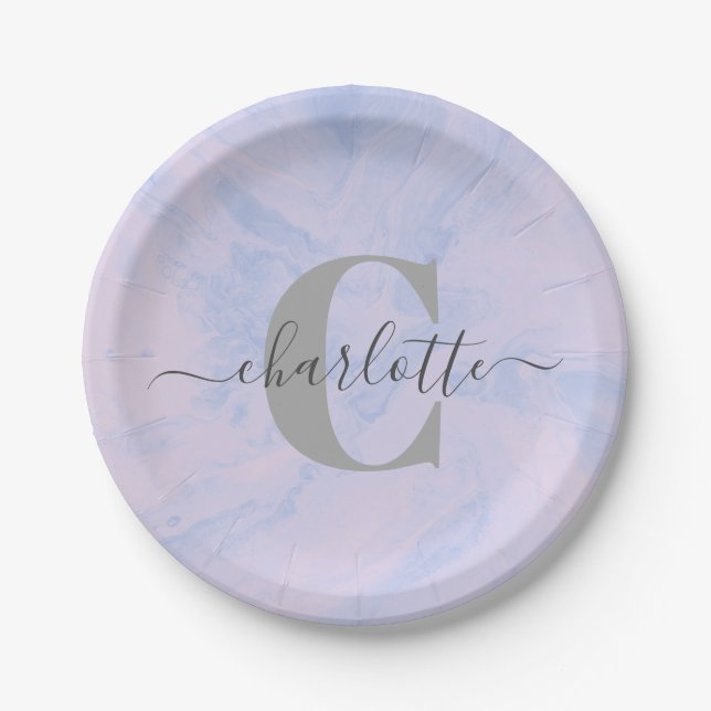 Assiettes En Carton Lilac Lavender Marbre Élégant Nom du monogramme (Devant)
