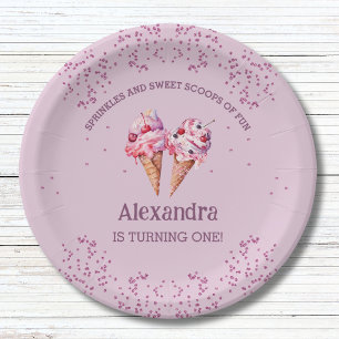 Assiettes En Carton Lilac Pink Girl Crème glacée 1ère fête d'anniversa