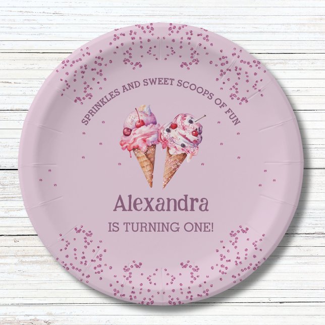 Assiettes En Carton Lilac Pink Girl Crème glacée 1ère fête d'anniversa (Créateur téléchargé)