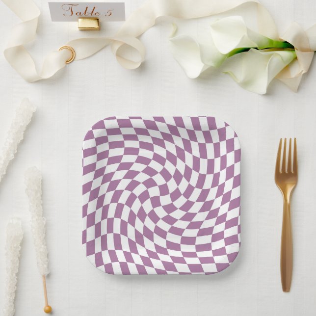 Assiettes En Carton Lilac Purple Mariage Collection Vérifier À damiers (Mariage)