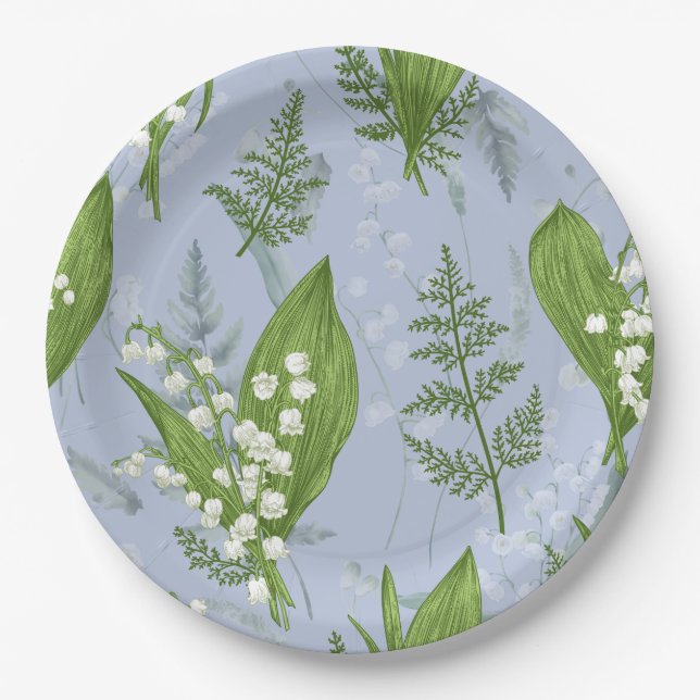 Assiettes En Carton Lily de Vallée avec des fougères || Bleu Clair (Devant)