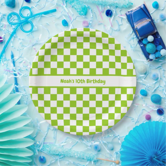 Assiettes En Carton Lime Green Motif vérifié personnalisé (Fête)