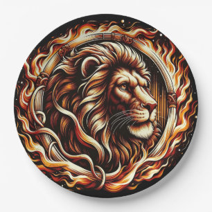 Assiettes En Carton Lion Flamboyant dans un Anneau de Flammes de Feu A
