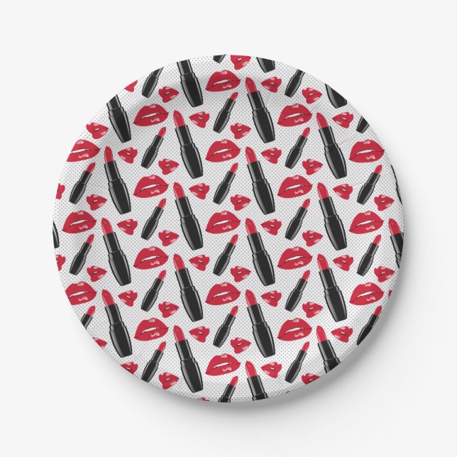 Assiettes En Carton Lipstick Et Lips Polka Dot Motif (Devant)