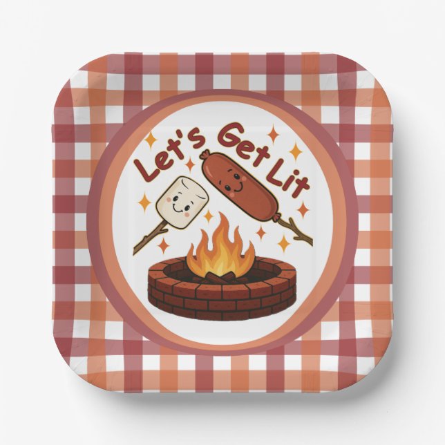 Assiettes En Carton Lit Firepit - mignon Marshmallow & Hot Dog (Recto)