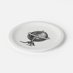 Assiettes En Carton Lithographie du monde vintage dessin BW