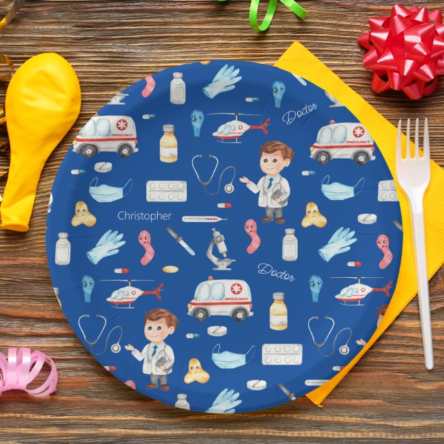 Assiettes En Carton Little Boy Doctor Motif Médicale avec nom, bleu (Créateur téléchargé)