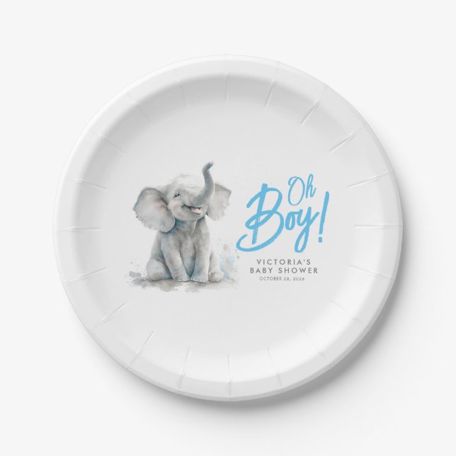 Assiettes En Carton Little Elephant Oh garçon mignon Baby shower gris  (Devant)