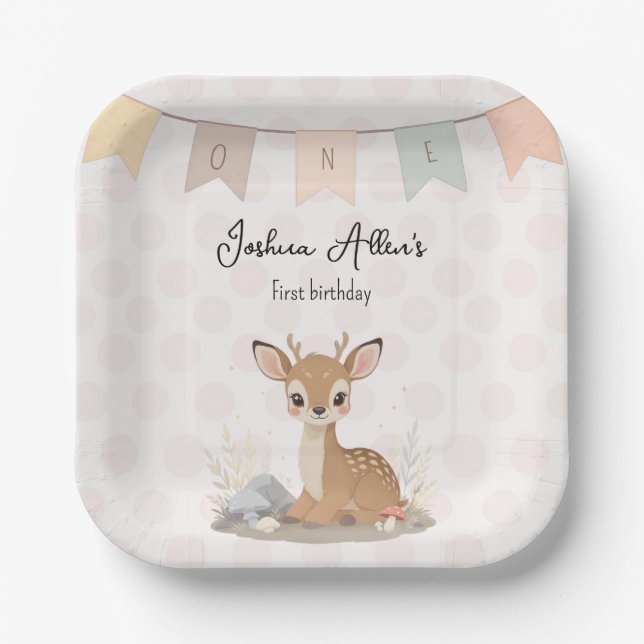 Assiettes En Carton Little Fawn Woodland First Birthday (Recto)