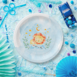 Assiettes En Carton Little Lion C'est un garçon Watercolor Baby shower