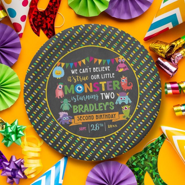 Assiettes En Carton Little Monster Chalkboard 2e fête d'anniversaire (Créateur téléchargé)