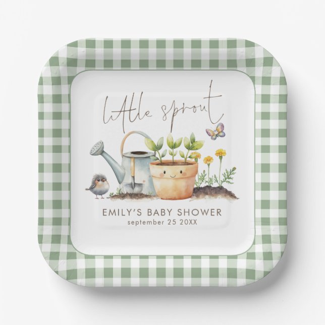 Assiettes En Carton Little Sprout Sage Gingham Garden Baby Shower  (Recto)
