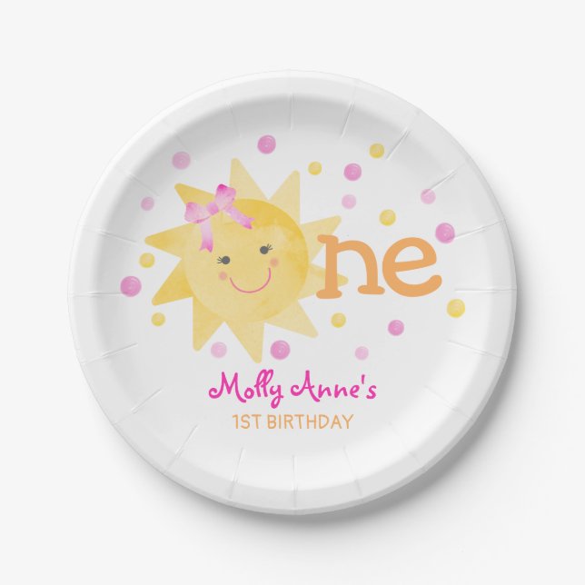 Assiettes En Carton Little Sunshine 1er anniversaire fille rose jaune (Devant)