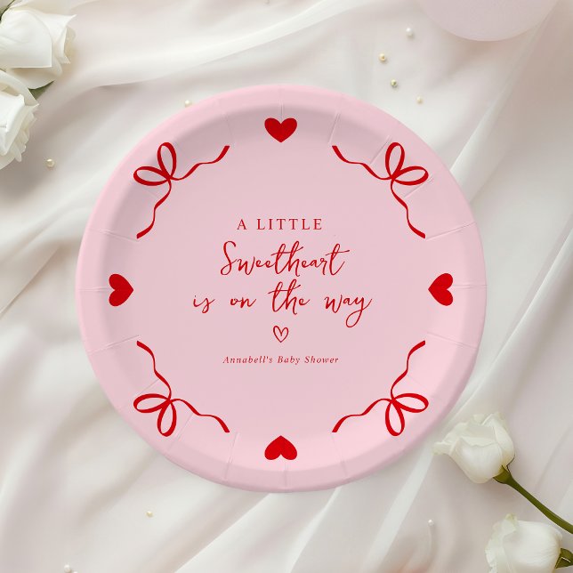 Assiettes En Carton Little Sweetheart Baby shower rose et rouge Valent (Créateur téléchargé)