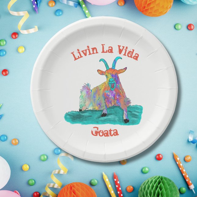 Assiettes En Carton Livin La Vida Goata Drôle Scène de chèvre (Funny screaming goat joke livin la Vida goata summer paper plate colorful farm animal art)