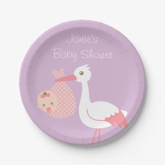 Assiettes En Carton Livraison de la cigogne mignonne bébé fille douche (Devant)