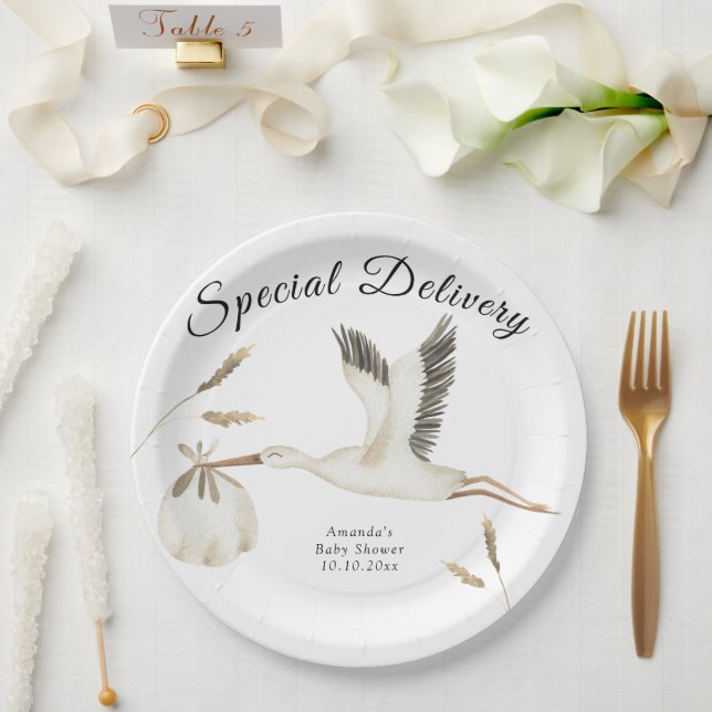 Assiettes En Carton Livraison spéciale Baby shower de cigogne d'aquare (Mariage)
