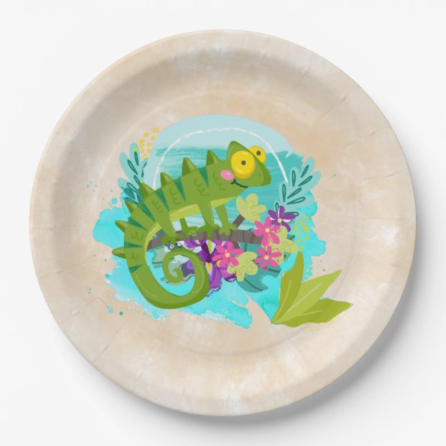 Assiettes En Carton Lizard vert tropical aux fleurs (Devant)