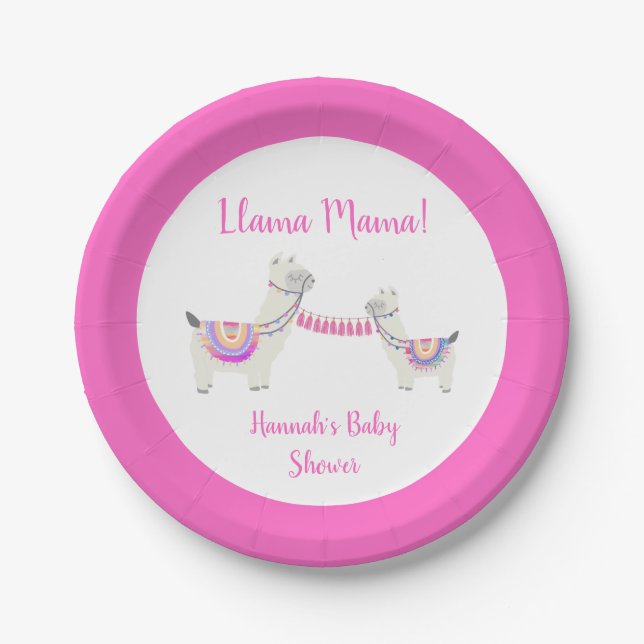 Assiettes En Carton Llama Mama Hot rose blanc Baby shower (Devant)