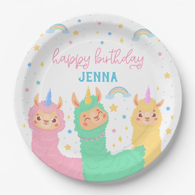 Assiettes En Carton Llama Rainbow et Stars Anniversaire (Devant)