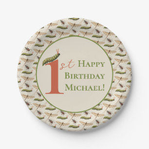 Assiettes En Carton Log Bug Insect Nom personnalisé 1er anniversaire