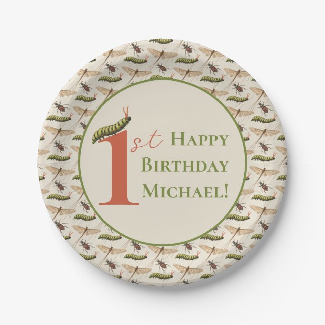 Assiettes En Carton Log Bug Insect Nom personnalisé 1er anniversaire (Devant)