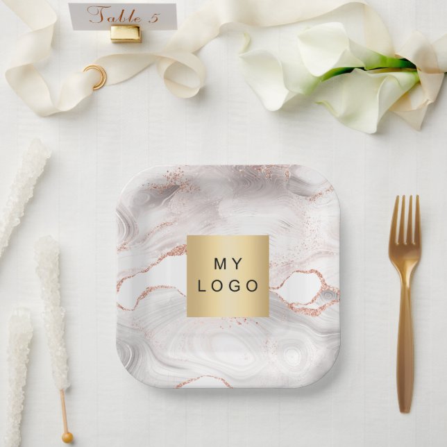Assiettes En Carton Logo d'entreprise en marbre doré rose (Mariage)