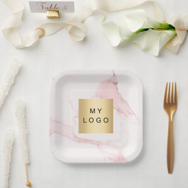 Assiettes En Carton Logo d'entreprise en marbre rose (Mariage)